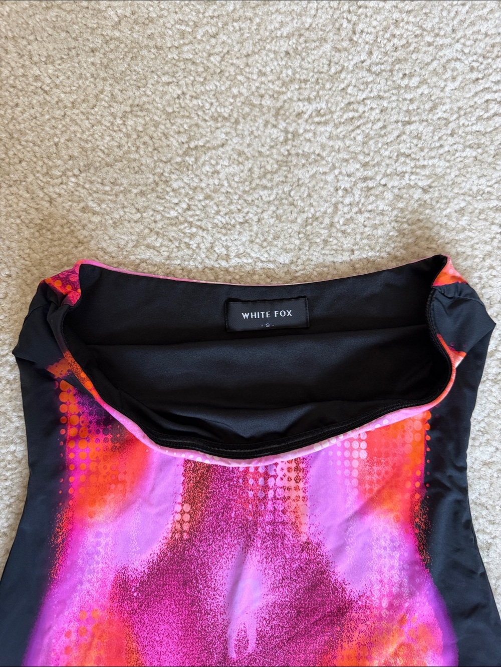White Fox Boutique Strapless Dress in Pink and Orange Fun Print